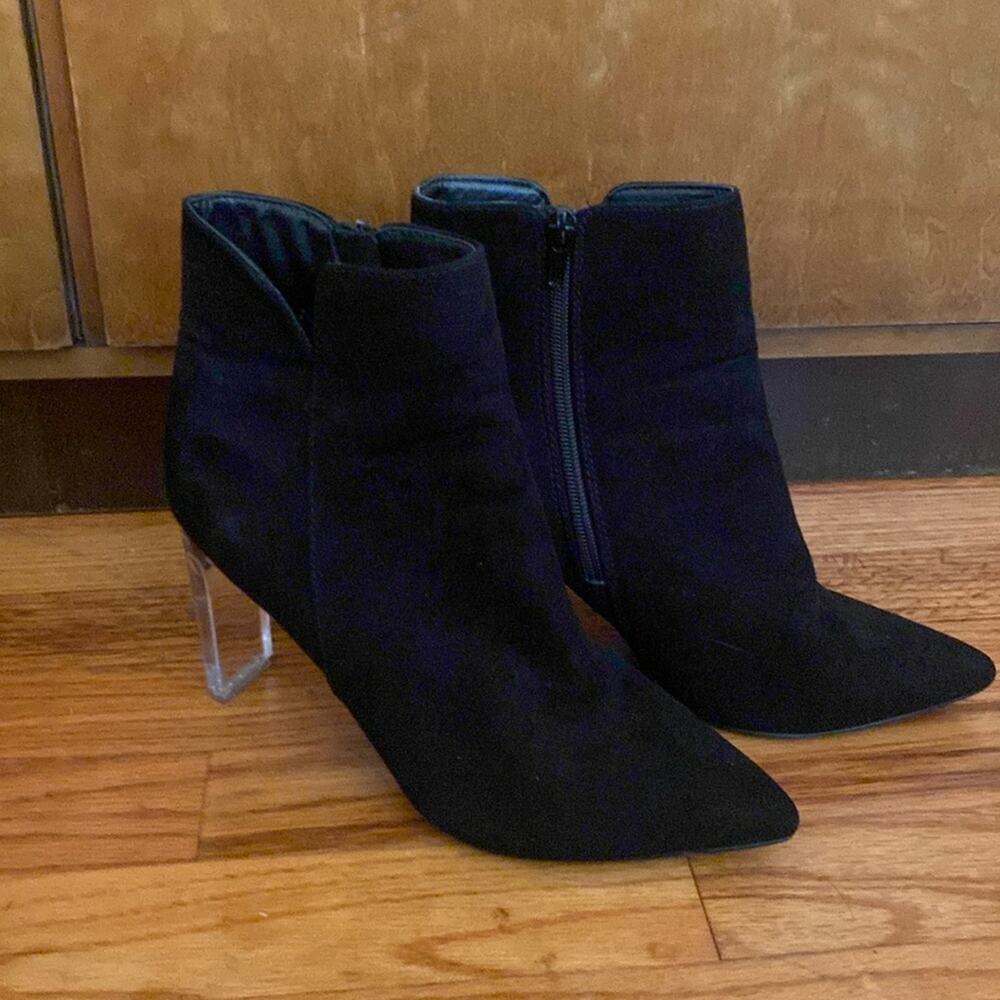 Marc New York Andrew Marc Amelia Black Sueded Feel Ankle Boots w/ Clear Heels